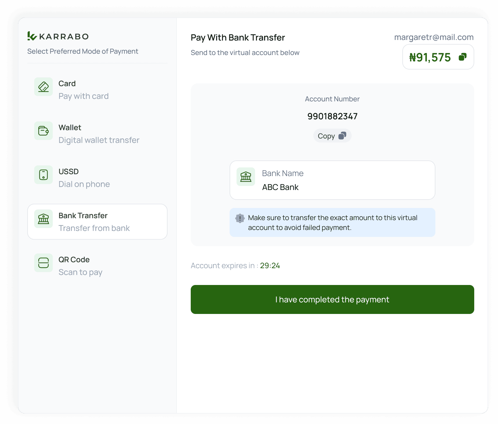 Pay with bank transfer checkout screen