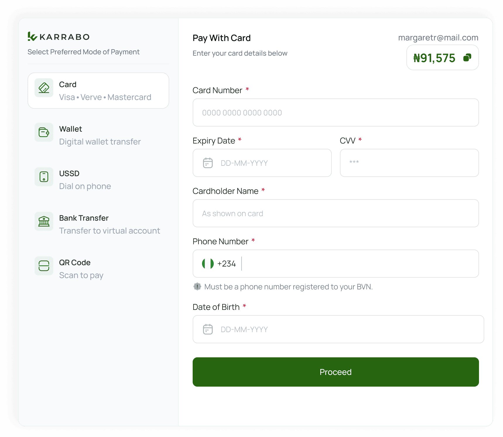 Pay with card checkout screen