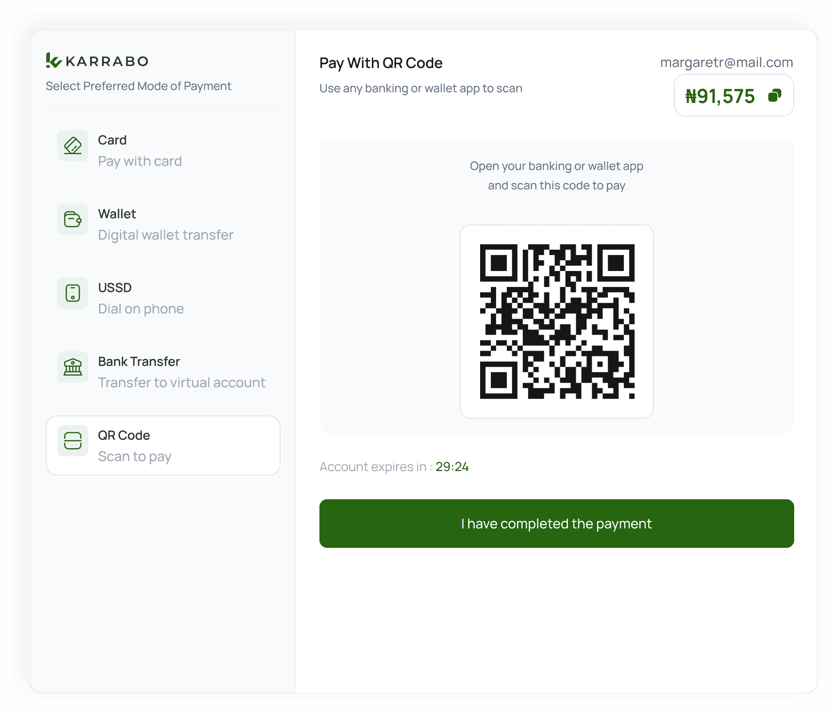 Pay with QR code checkout screen