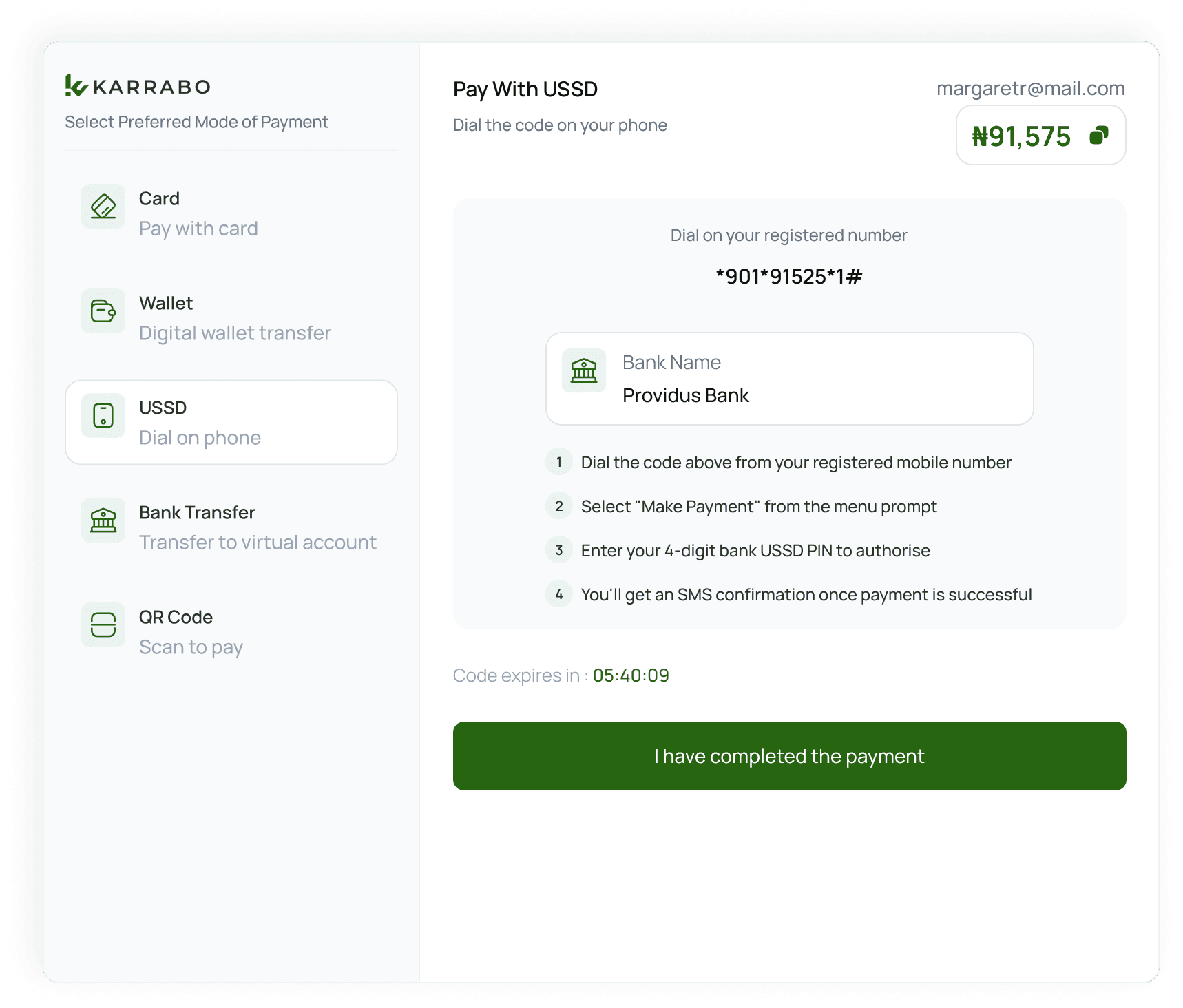 Pay with USSD checkout screen