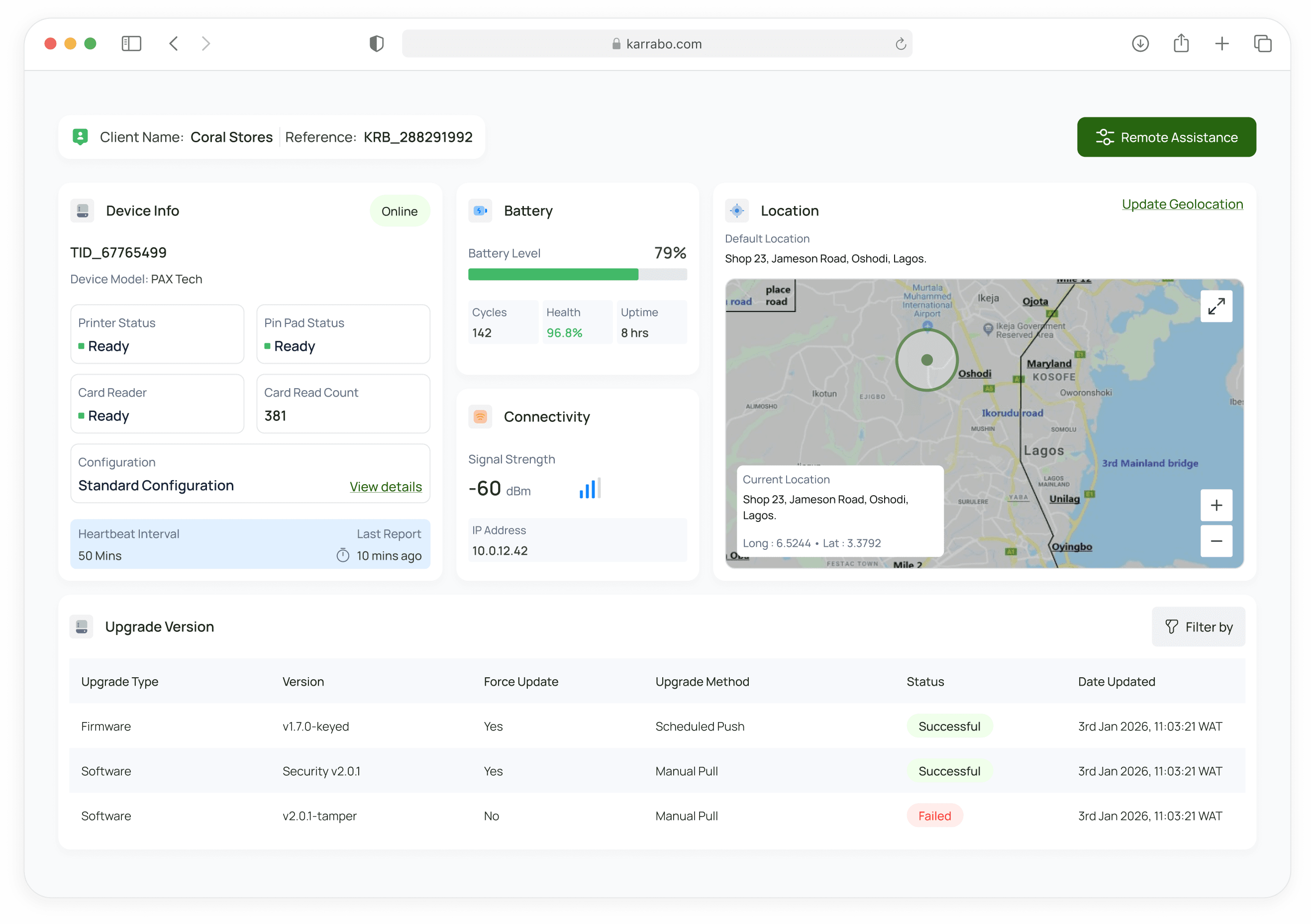 Karkollect terminal management dashboard, showing device info, battery, connectivity and location for a point-of-sale terminal