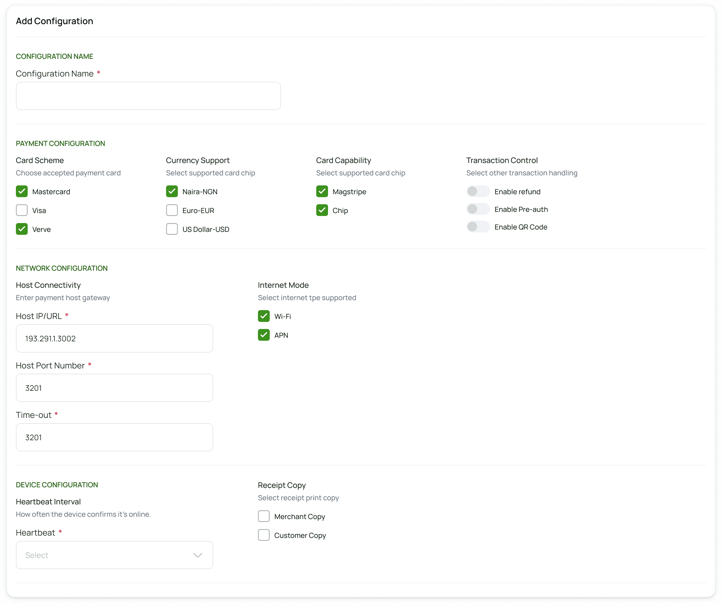 Terminal configuration panel for remote POS setup