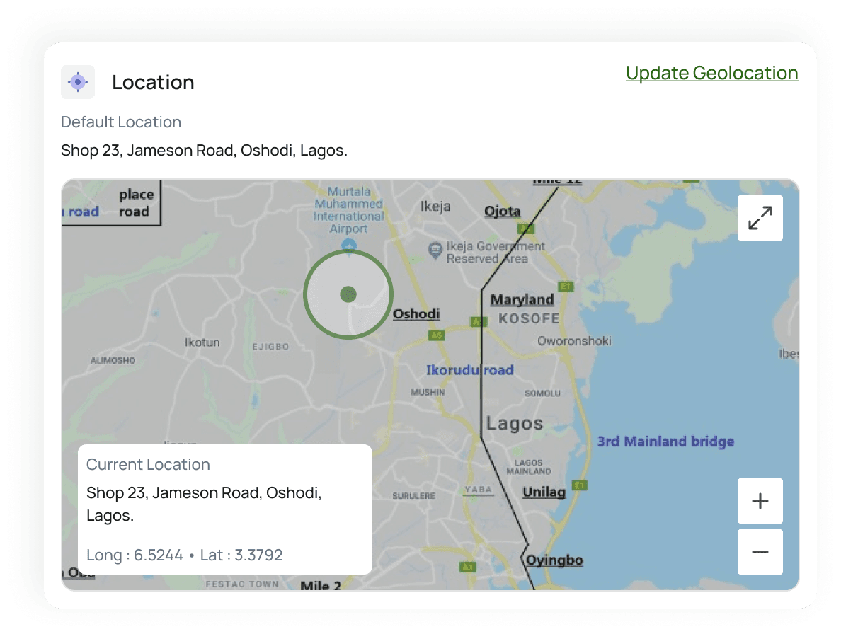 Geofencing map showing a merchant terminal location