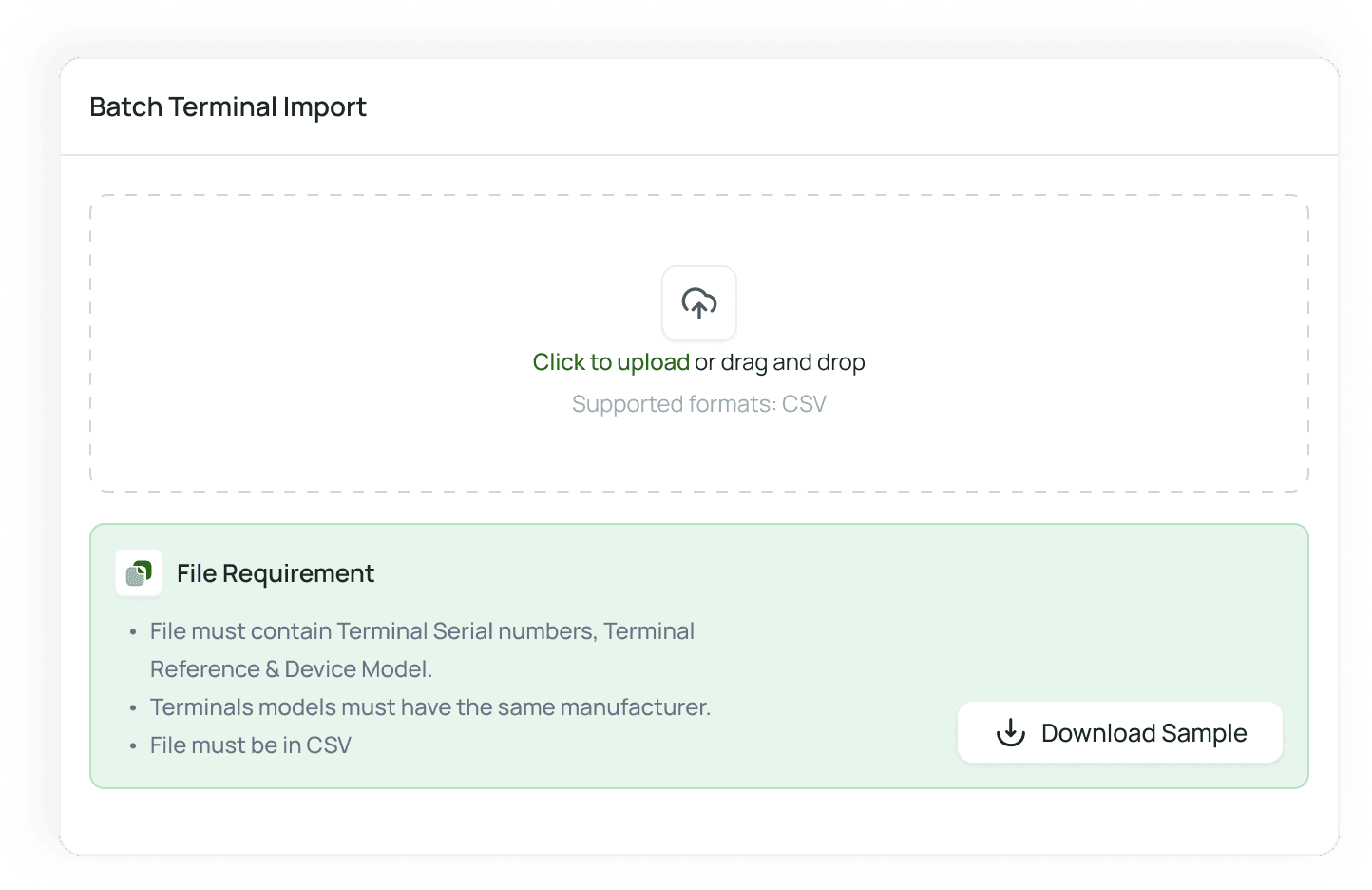 Batch terminal import interface for bulk provisioning devices