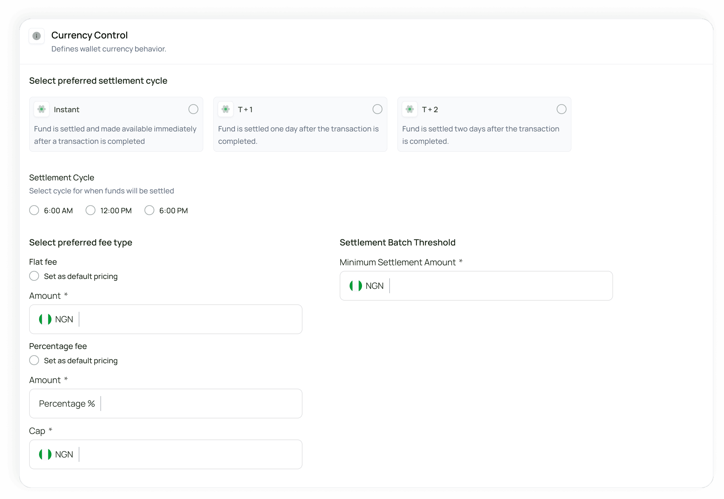 Settlement scheduling and currency control panel