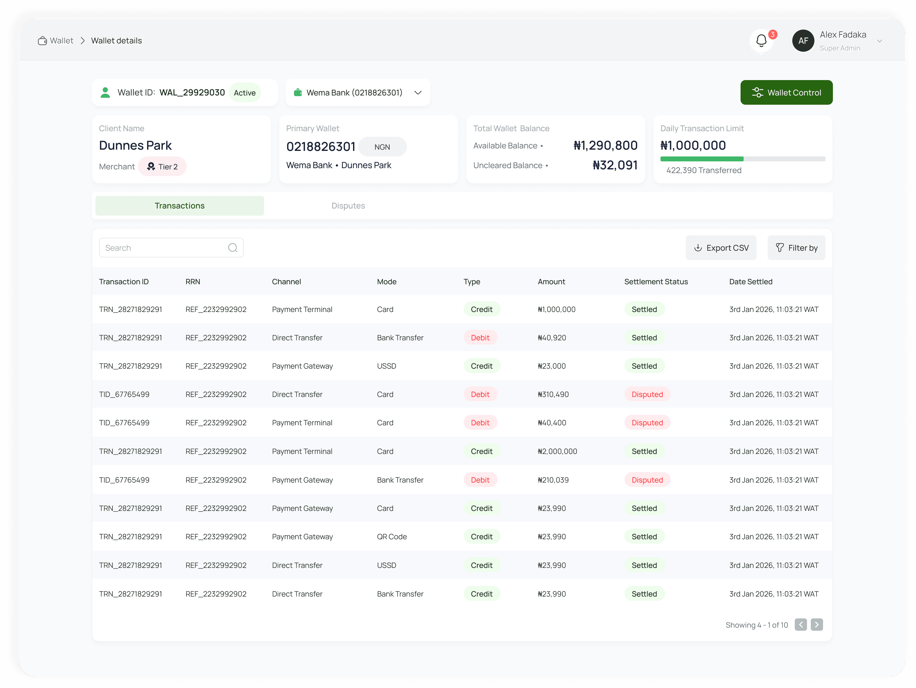 Wallet dashboard showing balances and transaction status